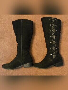 Black Zipper, Faux Suade, Faux Lace-up Calf Boot